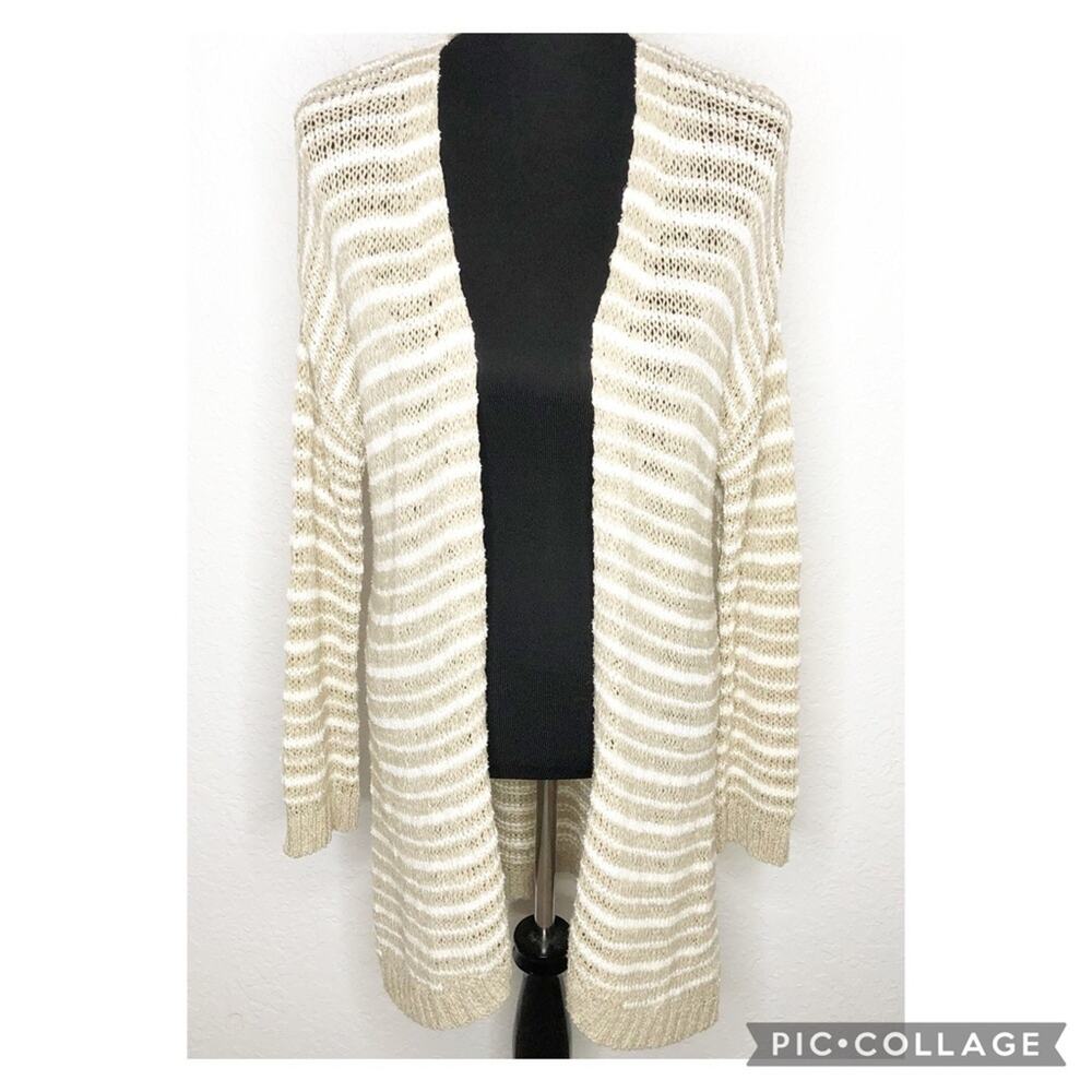 Soft Surroundings tan cream striped knit‎ open front long cardigan sweater Small